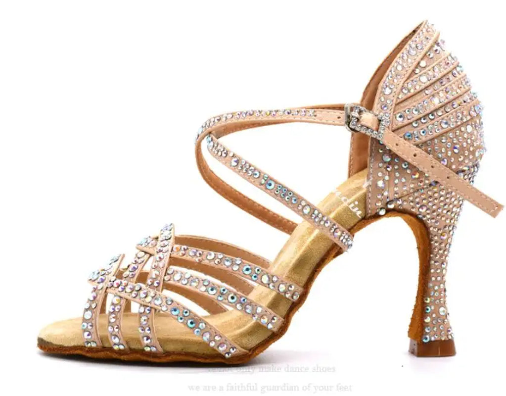 Women Salsa Dance Shoes Latin Ballroom Shoes Latin Dance Shoes Girl Skin Black Color Full Rhinestone Tango Party Shoes 9Cm