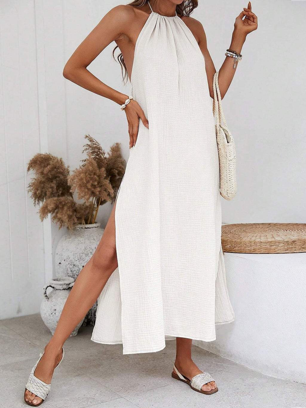 X Tarsha Whitmore  VCAY Solid Split Thigh Halter Backless Dress