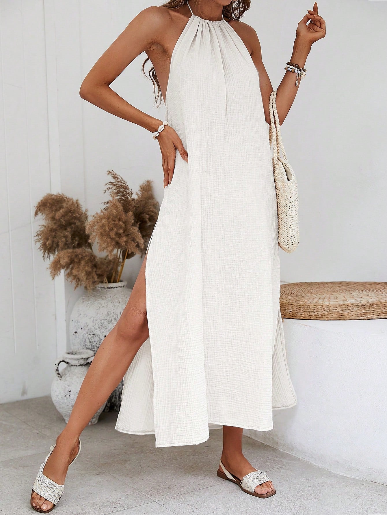 X Tarsha Whitmore  VCAY Solid Split Thigh Halter Backless Dress