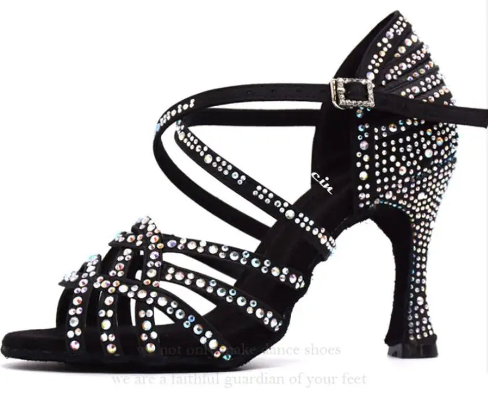 Women Salsa Dance Shoes Latin Ballroom Shoes Latin Dance Shoes Girl Skin Black Color Full Rhinestone Tango Party Shoes 9Cm